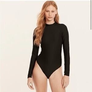 J Crew Active Ribbed Long Sleeve One Piece Rash Guard Swimsuit Black Womens 24